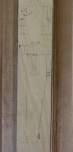 The footstool layout stick is detailed enough to show the joinery and the taper of the legs.