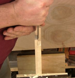 Vertically paring the cheek cut on a tenon.